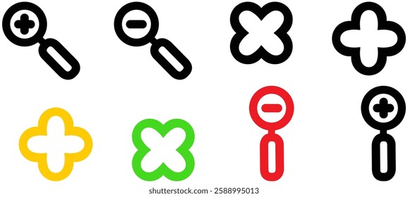 Magnifying glass, zoom thin line vector icon. Magnifier, plus and minus, simple vector symbol, outline, editable stroke