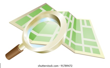 Magnifying glass zooming on map search concept illustration