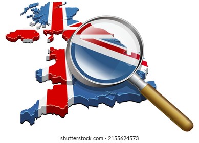 Magnifying glass zooming on part of the 3D map of the United Kingdom in the colors of the British flag (cut out)