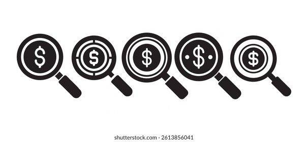 Magnifying Glasses Focusing on Dollar Signs, A Visual Representation of Financial Search, Vector illustration of business and finance	