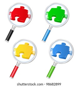 Magnifying glasses with puzzle pieces, vector eps10 illustration