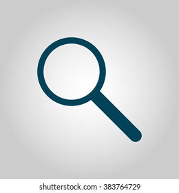 Magnifying icon, on grey background, blue outline, large size symbol