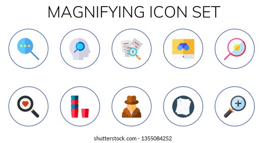 magnifying icon set. 10 flat magnifying icons.  Simple modern icons about  - loupe, magnifying glass, search, glass, detective, job search, zoom in