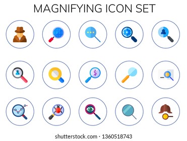 magnifying icon set. 15 flat magnifying icons.  Collection Of - detective, research, search, magnifying glass, loupe, analysis