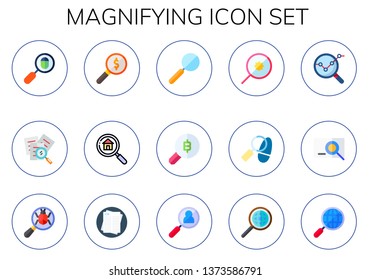 magnifying icon set. 15 flat magnifying icons.  Simple modern icons about  - loupe, search, detective, analysis, job search