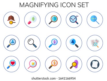 magnifying icon set. 15 flat magnifying icons.  Simple modern icons such as: detective, search, analysis, loupe, job search
