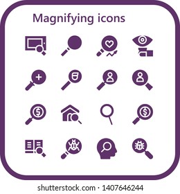 magnifying icon set. 16 filled magnifying icons.  Collection Of - Search, Loupe, Analysis, Lens, Zoom in, Magnifying glass, Zoom, Virus search