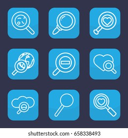 Magnifying icon. set of 9 outline magnifying icons such as heart search, bacteria, magnifier, zoom out