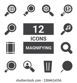 magnifying icon set. Collection of 12 filled magnifying icons included Searching, Glass, Loupe, Magnifying glass, Margin, Search, Search mail