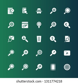 magnifying icon set. Collection of 25 filled magnifying icons included Lens, Margin, Search, Find, Search mail, Analysis, Magnifying glass, Glass, Research, Magnifier, Evidence