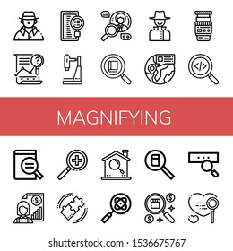 magnifying icon set. Collection of Detective, Analysis, Search, Research, Find, Lens, Magnifying glass, Individual icons