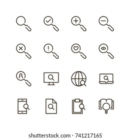 Magnifying icon set. Collection of high quality outline search pictograms in modern flat style. Black information symbol for web design and mobile app on white background. Web line logo.