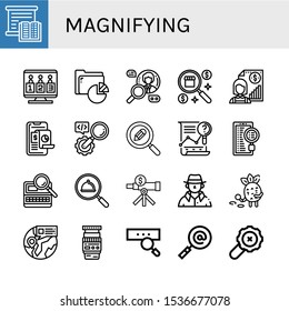 magnifying icon set. Collection of Studying, Candidates, Analysis, Search, Individual, Detective, Find, Lens icons