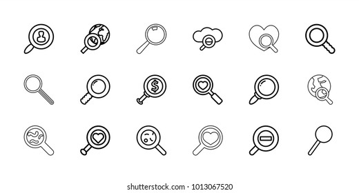 Magnifying icons. set of 18 editable outline magnifying icons: heart search, dollar search, bacteria, magnifier