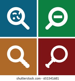 Magnifying icons set. set of 4 magnifying filled icons such as bacteria, search, zoom out