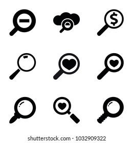 Magnifying icons. set of 9 editable filled magnifying icons such as heart search, search
