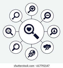 Magnifying icons set. set of 9 magnifying filled icons such as bacteria, heart search, zoom out