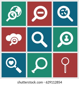 Magnifying icons set. set of 9 magnifying filled icons such as bacteria, heart search, magnifier, search