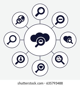 Magnifying icons set. set of 9 magnifying filled icons such as heart search, bacteria, zoom out