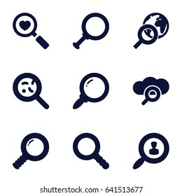 Magnifying icons set. set of 9 magnifying filled icons such as bacteria, heart search