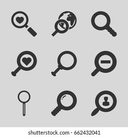 Magnifying icons set. set of 9 magnifying filled icons such as heart search, magnifier, search