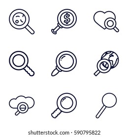 magnifying icons set. Set of 9 magnifying outline icons such as heart search, bacteria, magnifier