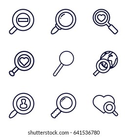Magnifying icons set. set of 9 magnifying outline icons such as heart search, magnifier, zoom out