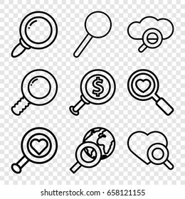 Magnifying icons set. set of 9 magnifying outline icons such as heart search, magnifier