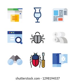 magnifying icons set with bug, magnifying lens and printed vector set