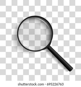 Magnifying lens / glass, magnifying glass with shadow arranged at an angle of 45 degrees in left isolated on transparent background. Realistic vector illustration
