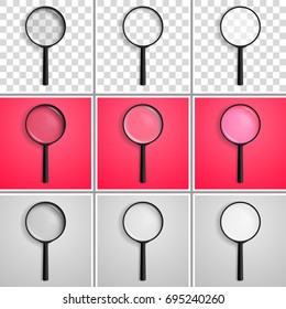 Magnifying lens / glass, magnifying glass with shadow, arranged vertically with a different refraction, isolated on a transparent, red, white background. Realistic vector
