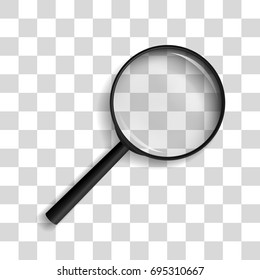 Magnifying lens / glass, magnifying glass with shadow arranged at an angle of 45 degrees in right isolated on transparent background. Realistic vector illustration