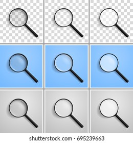 Magnifying lens / glass, magnifying glass with shadow, located at an angle of 45 degrees to the left with a different refraction, isolated on a transparent, blue, white background. Realistic vector
