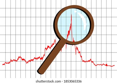 Magnifying lens on the peak of stock financial diagram vector illustration