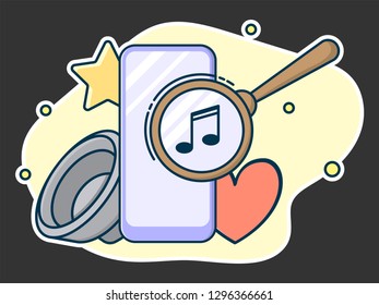 Magnifying lens on screen, search music concept