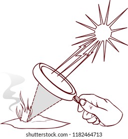 Magnifying lens used to concentrate some solar rays on a piece of  paper. Digital illustration.