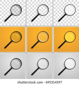 Magnifying lens/glass, magnifying glass with shadow,  arranged at an angle of 45 degrees in right with a different refraction, isolated on a transparent, yellow, white background. Realistic vector
