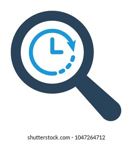 Magnifying optical glass with Clock icon on white background. Vector icon