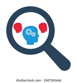 Magnifying optical glass with Head Whis Gears icons on white background. Vector icon