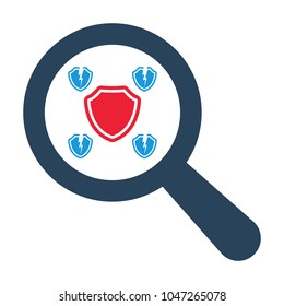 Magnifying optical glass with Shield and broken shields icons on white background. Vector icon