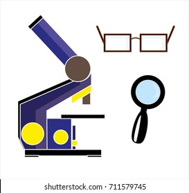 Magnifying  optical tools isolated on white background (microscope, magnifying glass, eyeglasses)