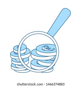 Magnifying Over Coins Stack Icon. Thin Line With Blue Fill Design. Vector Illustration.