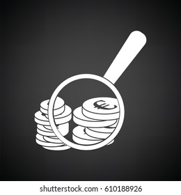 Magnifying over coins stack icon. Black background with white. Vector illustration.