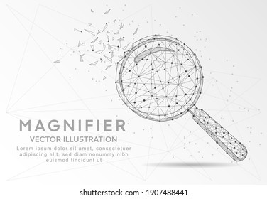 Magnifying or search sign digitally drawn in the form of broken a part triangle shape and scattered dots low poly wire frame.