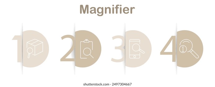 Magnifying tools line icons. Magnifier with checkmark, network, arrow growth, user search, search bar, cube search, simple magnifier, magnifier with eye, clipboard, info search, mobile magnifier