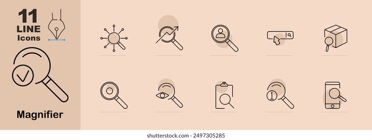 Magnifying tools line icons. Magnifier with checkmark, network, arrow growth, user search, search bar, cube search, simple magnifier, magnifier with eye, clipboard, info search, mobile magnifier