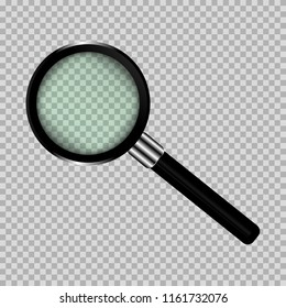 Magnifying, transparent glass of black color, glass, shiny, with glare, vector illustration. Magnifier, search button. For web games, stores or web applications.
