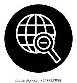 magnifying with zoom down icon with globe