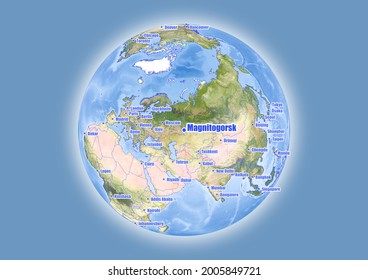 Magnitogorsk-Russia is shown on vector globe map. The map shows Magnitogorsk-Russia 's location in the world.