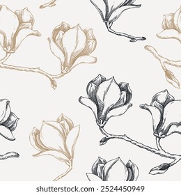 Fondo de magnolia. Bosquejos de ramas de árboles florecientes. Magnolia Ilustración vectorial dibujada a mano. Patrón sin costuras de primavera. NO se ha generado IA